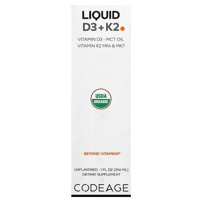 Codeage, Flytande D3 + K2, Osmaksatt, 29,6 ml