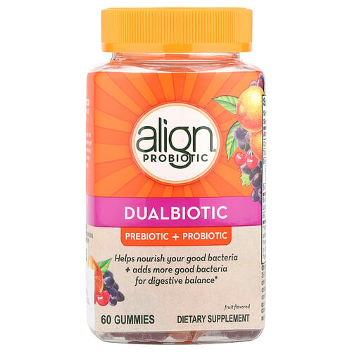 Align Probiotics, Dualbiotisk, Prebiotika + probiotika, Frukt, 60 Gummies