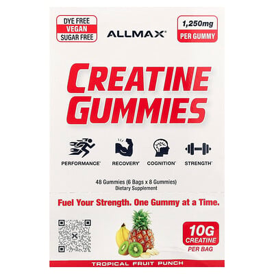 ALLMAX, Kreatingummi, tropisk fruktpunch, 1 250 mg, 6 påsar, 8 gummier styck