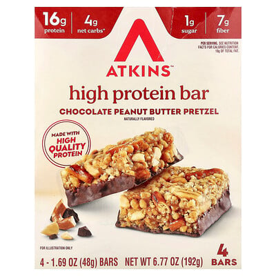 Atkins, Högproteinbar, choklad- och jordnötssmörkringla, 4 barer, 48 g styck