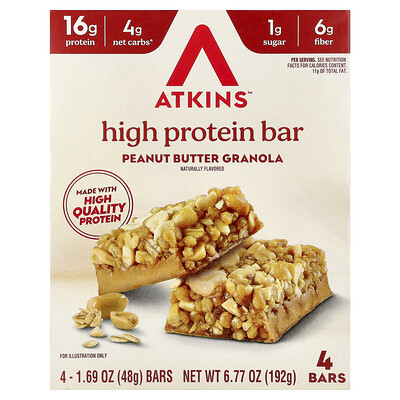 Atkins, Högproteinbar, jordnötssmörgranola, 4 barer, 48 g styck