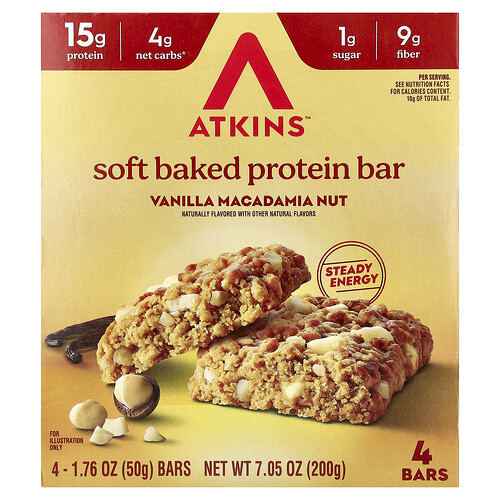 Atkins, Mjukt bakad proteinbar, vanilj och macadamianöt, 4 barer, 50 g styck Atkins, Mjukt bakad proteinbar, vanilj och macadamianöt, 4 barer, 50 g styck