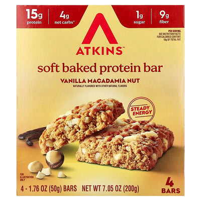 Atkins, Mjukt bakad proteinbar, vanilj och macadamianöt, 4 barer, 50 g styck