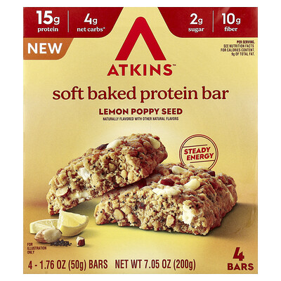 Atkins, Mjukt bakad proteinbar, citronvallmofrön, 4 barer, 50 g styck