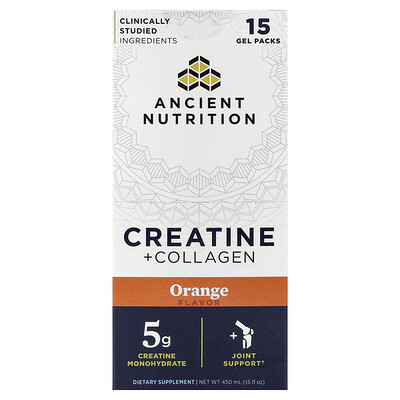 Ancient Nutrition, Kreatin + Kollagen, Apelsin, 15 gelförpackningar, 30 ml styck