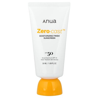 Anua, Zero-Cast™, återfuktande solskyddsmedel med finish, SPF 50, 50 ml