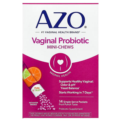 AZO, Vaginala probiotiska mini-tuggtabletter, fruktpunch, 14 portionspåsar, 1,4 g (0,049 oz) styck