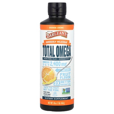 Barlean's, Total Omega®, Omega 3-6-9, Apelsinkräm, 2 400 mg, 454 g