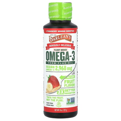 Barlean's, Seriöst utsökt®, växtbaserad omega-3 från linolja, jordgubbs- och banansmoothie, 2 968 mg, 8 oz (227 g)