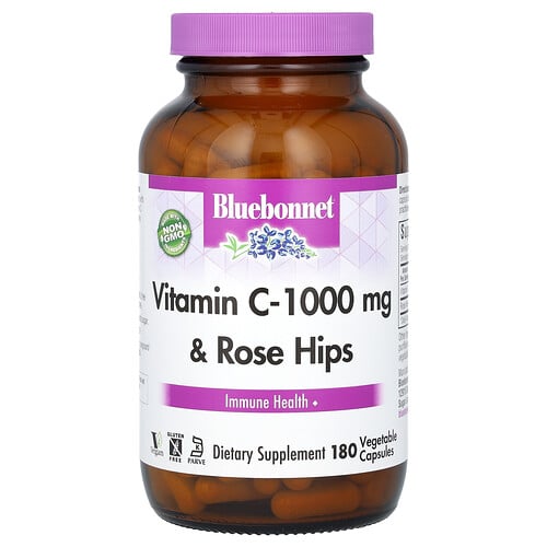 Bluebonnet Nutrition, Vitamin C-1 000 mg och nypon, 180 vegetabiliska kapslar