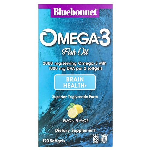 Bluebonnet Nutrition, Omega-3 fiskolja, citron, 120 mjukgeler Bluebonnet Nutrition, Omega-3 fiskolja, citron, 120 mjukgeler