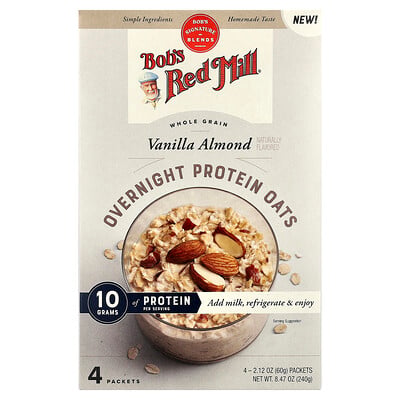 Bob's Red Mill, Övernattningsproteinhavre, fullkorn, vaniljmandel, 4 paket, 60 g styck