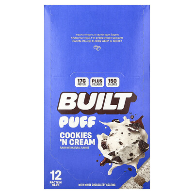 Built, Puff, Proteinbars, Cookies 'N Cream, 12 barer, 40 g styck