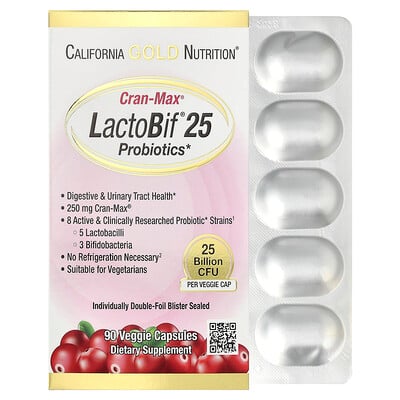 California Gold Nutrition, CranMax® LactoBif® probiotika, 25 miljarder CFU, 90 vegetariska kapslar
