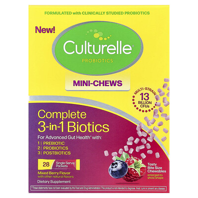 Culturelle, Komplett 3-i-1 Biotics, Mini Chews, Blandade Bär, 28 portionspåsar, 1,5 g (0,05 oz) styck