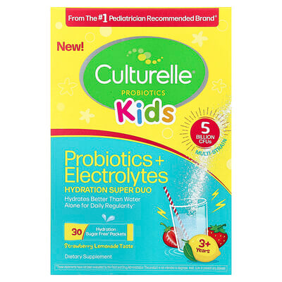 Culturelle, Barn, Probiotika + Elektrolyter, Hydration Super Duo, 3+ år, Jordgubbslemonad, 30 paket, 0,06 oz (1,7 g) styck