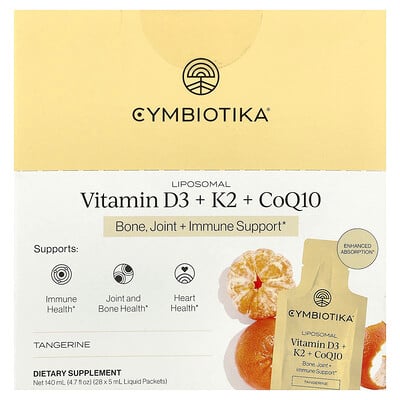 Cymbiotika, Liposomalt vitamin D3 + K2 + CoQ10, mandarin, 28 flytande paket, 5 ml styck