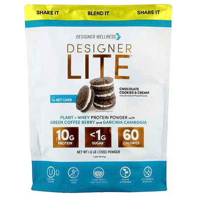 Designer Wellness, Designer Lite®, växtbaserat + vassleproteinpulver, chokladkakor och grädde, 720 g