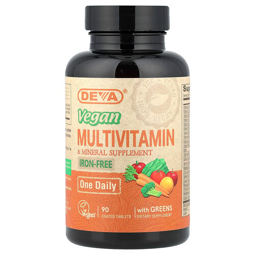 Deva, Veganskt multivitamin- och mineraltillskott med grönsaker, järnfri, 90 dragerade tabletter