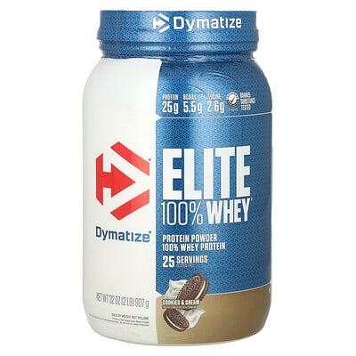 Dymatize, Elite 100 % vassleproteinpulver, kakor och grädde, 907 g (2 pund)