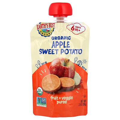 Earth's Best, Ekologisk frukt- och grönsakspuré, 6+ månader, äpple- och sötpotatis, 99 g
