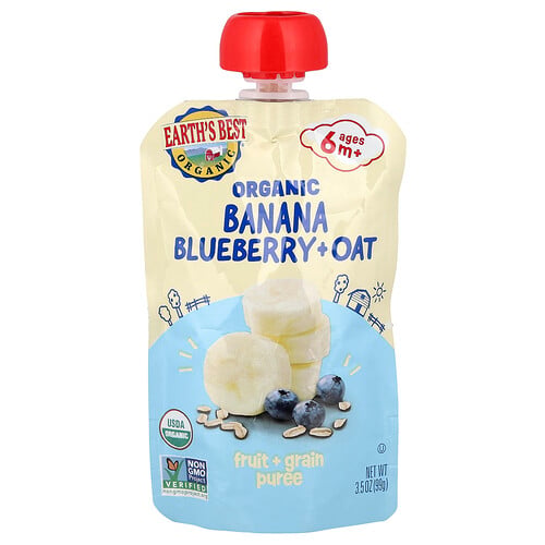 Earth's Best, Ekologisk frukt- och spannmålspuré, 6+ månader, banan, blåbär och havre, 99 g