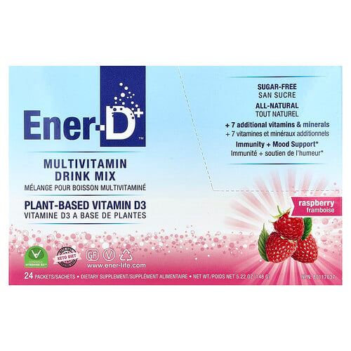 Ener-C, Ener-D, vitamin D3, återfuktande brusdryck, sockerfri, hallon, 1 000 mg, 24 paket Ener-C, Ener-D, vitamin D3, återfuktande brusdryck, sockerfri, hallon, 1 000 mg, 24 paket