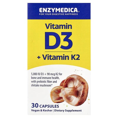 Enzymedica, Vitamin D3 + Vitamin K2, 30 kapslar