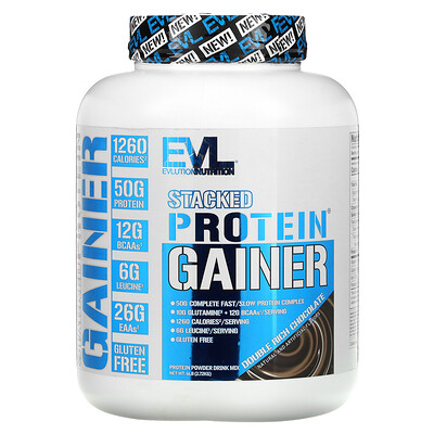 EVLution Nutrition, Staplad Protein Gainer, Dubbel Rik Choklad, 2,72 kg (6 pund)