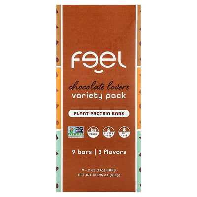 The Feel Bar, Växtproteinbarer, variationspaket, chokladälskare, 9 barer, 57 g styck