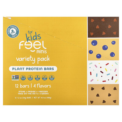 The Feel Bar, Minis växtproteinbars, för barn, variationspaket, 12 barer, 34 g styck