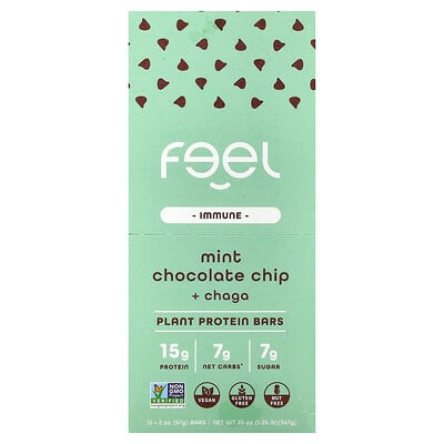 The Feel Bar, Immune, växtproteinbarer, mintchokladbitar + chaga, 10 barer, 57 g styck