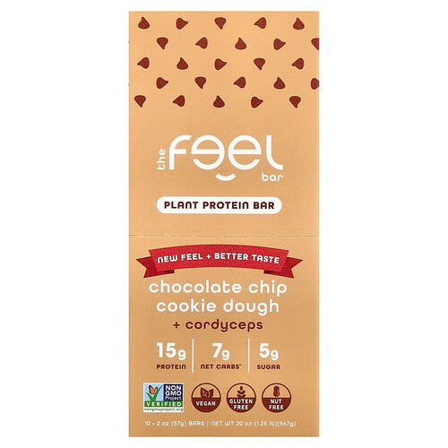 The Feel Bar, Växtproteinbars, chokladchipskakdeg + Cordyceps, 10 barer, 57 g styck