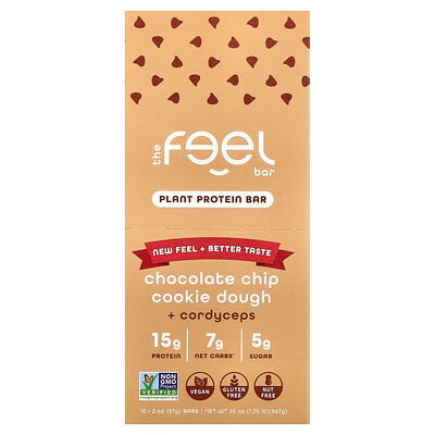 The Feel Bar, Växtproteinbars, chokladchipskakdeg + Cordyceps, 10 barer, 57 g styck