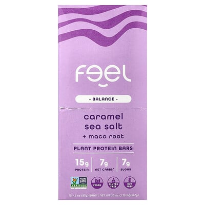 The Feel Bar, Balance, växtproteinbarer, karamellhavssalt + macarot, 10 barer, 57 g styck