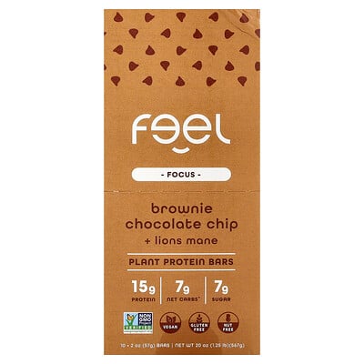 The Feel Bar, Fokus, Växtproteinbarer, Brownie Chokladchips + Lejonman, 10 barer, 57 g styck