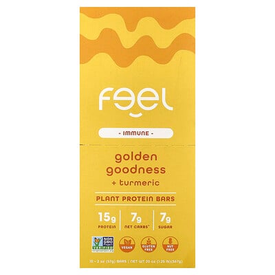 The Feel Bar, Immune, växtproteinbarer, gyllene godhet + gurkmeja, 10 barer, 57 g styck
