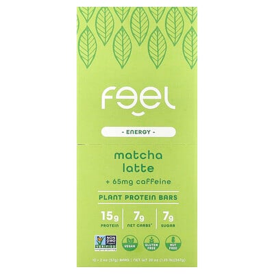 The Feel Bar, Energi, växtbaserade proteinbarer, matcha latte + koffein, 10 barer, 57 g styck
