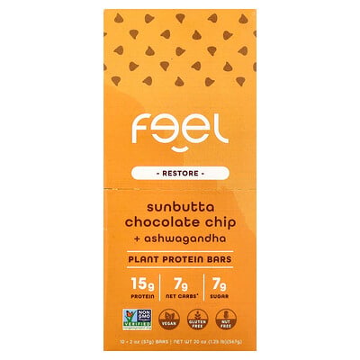 The Feel Bar, Restore, växtproteinbarer, Sunbutta chokladbitar + Ashwagandha, 10 barer, 57 g styck