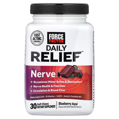 Force Factor, Daglig lindring™, Nerve, Blåbär Acai, 30 mjuka tuggben
