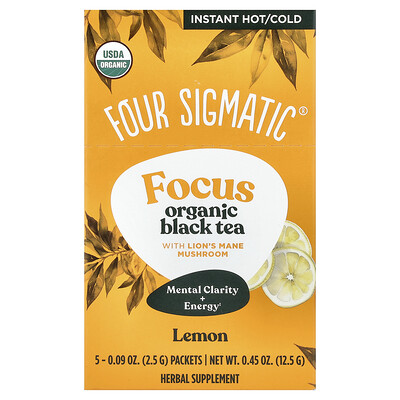 Four Sigmatic, Focus, ekologiskt svart te med lejonmansvamp, citron, 5 paket, 0,09 oz (2,5 g) styck