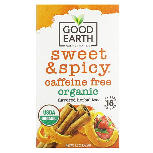 Good Earth Teas, Ekologiskt smaksatt örtte, sött och kryddigt, koffeinfritt, 18 tepåsar, 1.3 oz (36.9 g)