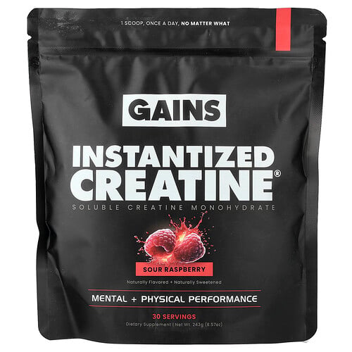 GAINS, Instantized Creatine®, lösligt kreatinmonohydrat, surt hallon, 243 g GAINS, Instantized Creatine®, lösligt kreatinmonohydrat, surt hallon, 243 g