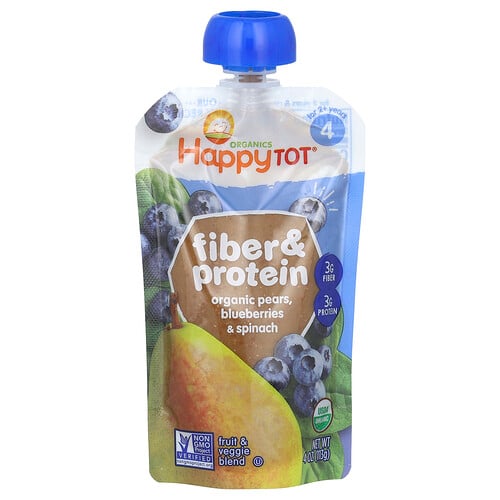 Happy Family Organics, Happy Tot®, Fiber och protein, För 2+ år, Ekologiska päron, blåbär och spenat, 113 g