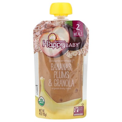 Happy Family Organics, Happy Baby®, Ekologisk Barnmat, 6+ Månader, Bananer, Plommon och Granola, 4 oz (113 g)