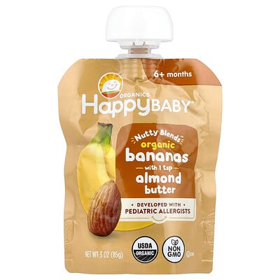 Happy Family Organics, Happy Baby®, Nutty Blends™, 6+ månader, ekologiska bananer med 1/2 tsk mandelsmör, 85 g
