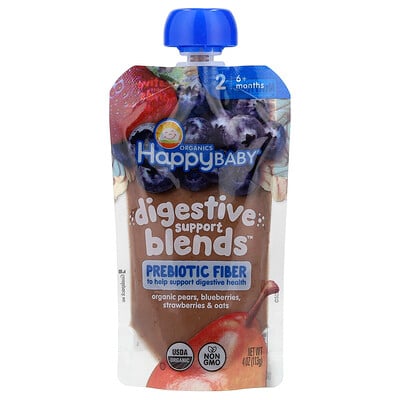 Happy Family Organics, Happy Baby®, Digestive Support Blends™, 6+ månader, ekologiska päron, blåbär, jordgubbar och havre, 113 g