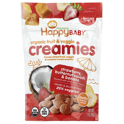 Happy Family Organics, Ekologiska frukt- och grönsakskrämer, krypande baby, jordgubb, butternutpumpa och banan, 28 g