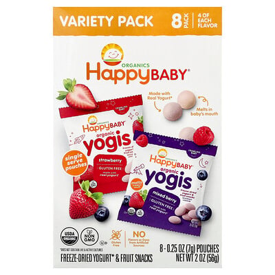 Happy Family Organics, Happy Baby®, ekologiska yogis, frystorkad yoghurt och fruktsnacks, krypande baby, variationspaket, 8 påsar, 7 g styck