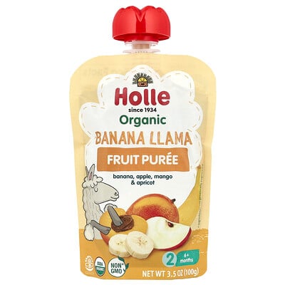 Holle, Ekologisk fruktpuré, banan-lama, 6+ månader, banan, äpple, mango och aprikos, 100 g
